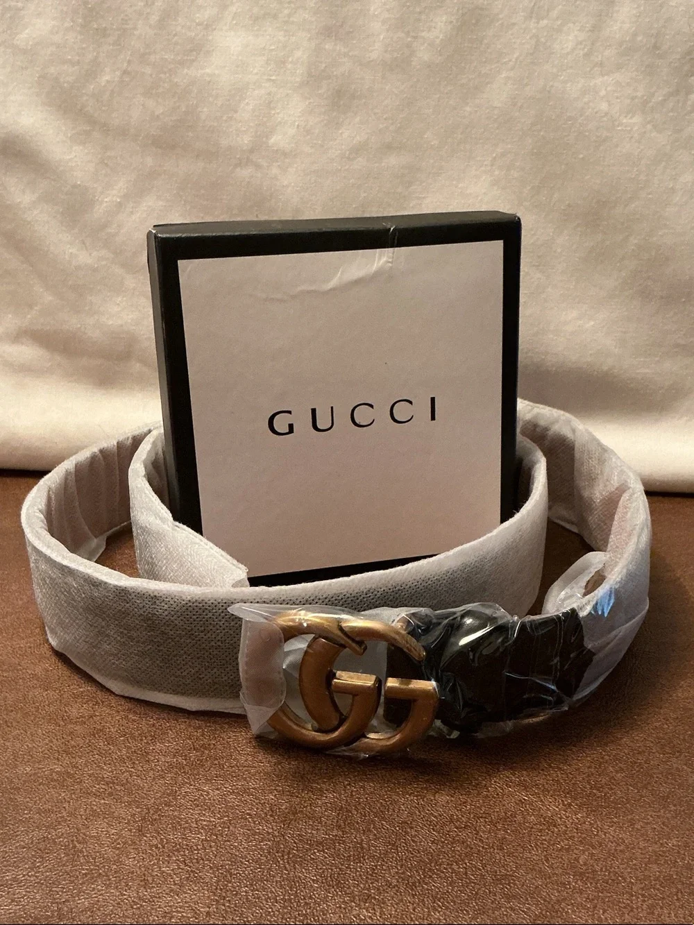 NWT Gucci Men’s Black Leather Belt Antique Gold Double G Buckle 1.5” X 46”